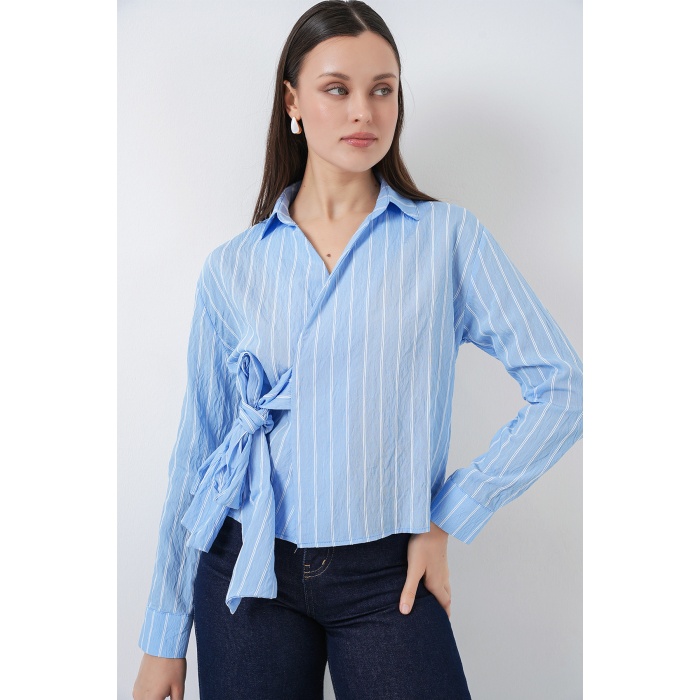Kadın Önü Bağlamalı Çizgili Gömlek 20362 - Mavi