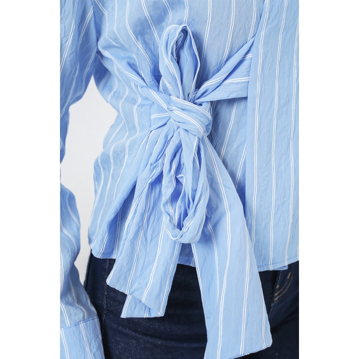 Kadın Önü Bağlamalı Çizgili Gömlek 20362 - Mavi
