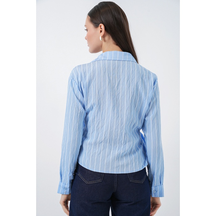 Kadın Önü Bağlamalı Çizgili Gömlek 20362 - Mavi
