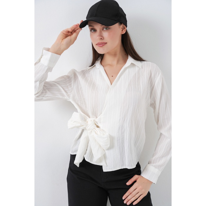 Kadın Önü Bağlamalı Çizgili Gömlek 20362 - Ekru