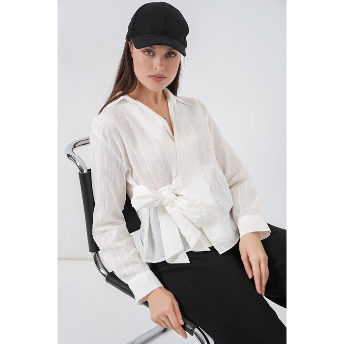 Kadın Önü Bağlamalı Çizgili Gömlek 20362 - Ekru