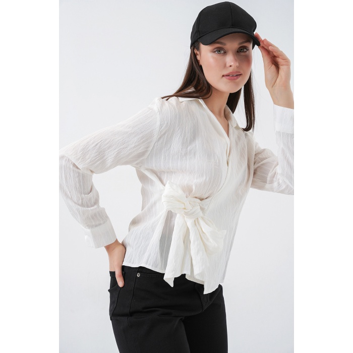 Kadın Önü Bağlamalı Çizgili Gömlek 20362 - Ekru