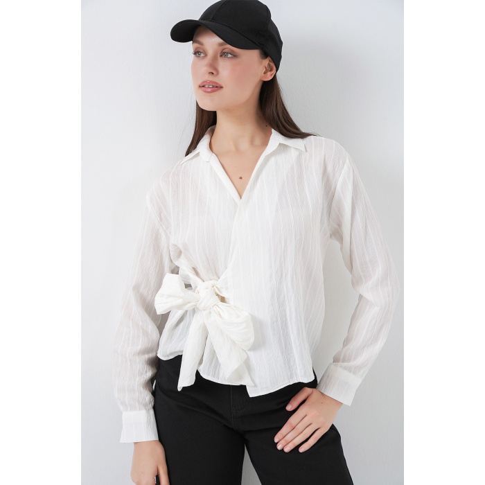 Kadın Önü Bağlamalı Çizgili Gömlek 20362 - Ekru