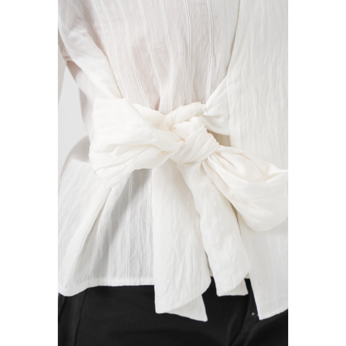 Kadın Önü Bağlamalı Çizgili Gömlek 20362 - Ekru