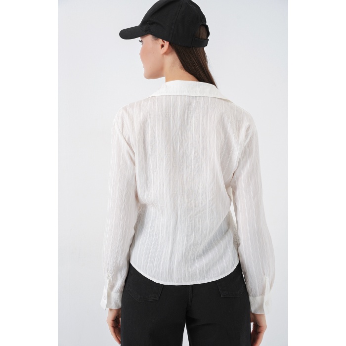 Kadın Önü Bağlamalı Çizgili Gömlek 20362 - Ekru