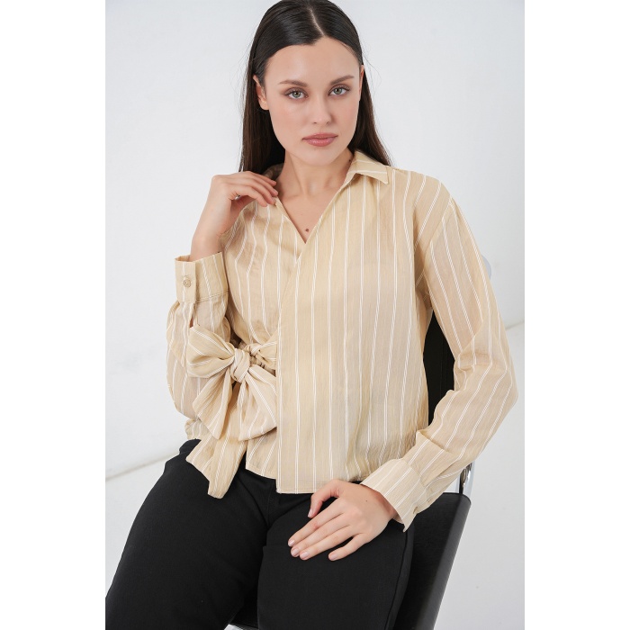 Kadın Önü Bağlamalı Çizgili Gömlek 20362 - Bej