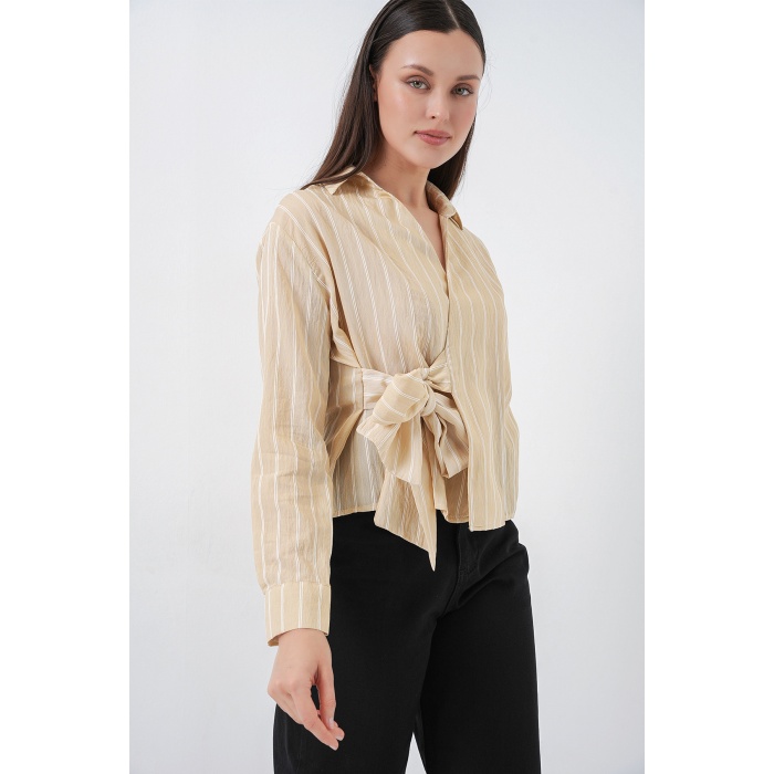 Kadın Önü Bağlamalı Çizgili Gömlek 20362 - Bej