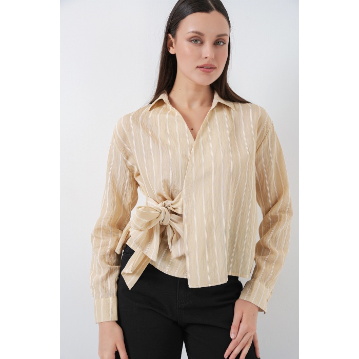 Kadın Önü Bağlamalı Çizgili Gömlek 20362 - Bej