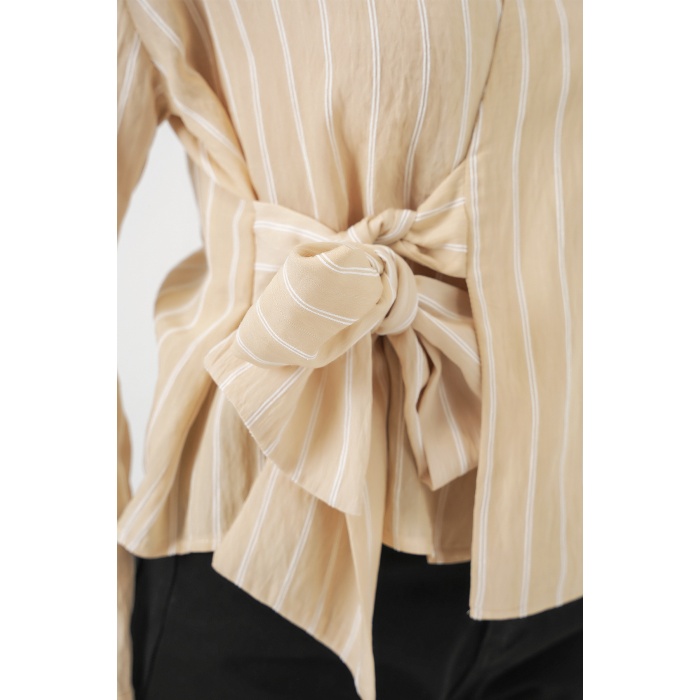 Kadın Önü Bağlamalı Çizgili Gömlek 20362 - Bej