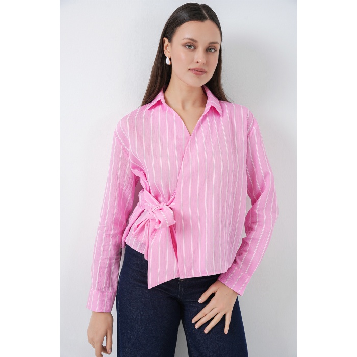Kadın Önü Bağlamalı Çizgili Gömlek 20362 - Pembe