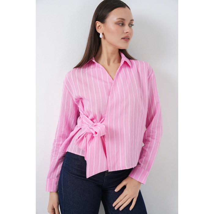 Kadın Önü Bağlamalı Çizgili Gömlek 20362 - Pembe
