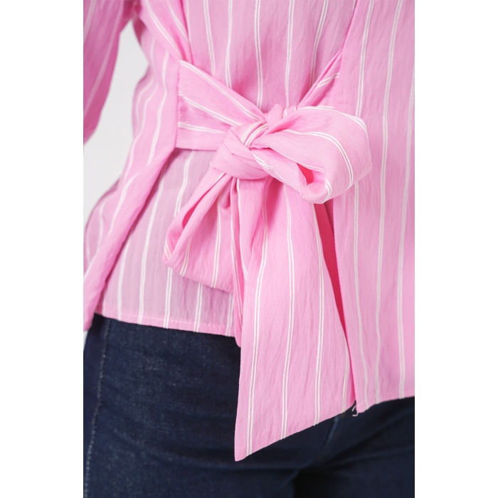 Kadın Önü Bağlamalı Çizgili Gömlek 20362 - Pembe