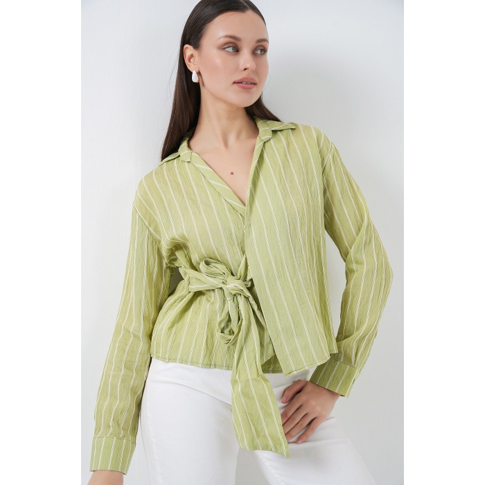 Kadın Önü Bağlamalı Çizgili Gömlek 20362 - E.Yeşil