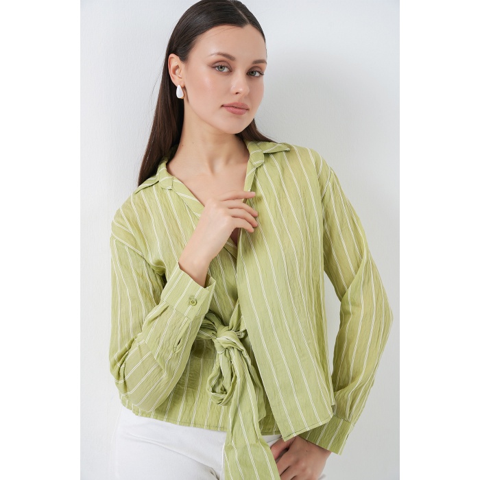 Kadın Önü Bağlamalı Çizgili Gömlek 20362 - E.Yeşil
