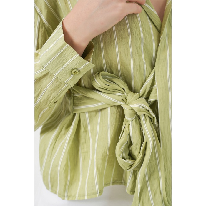 Kadın Önü Bağlamalı Çizgili Gömlek 20362 - E.Yeşil