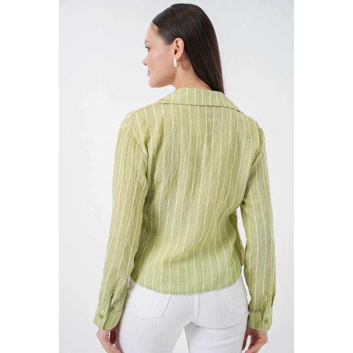 Kadın Önü Bağlamalı Çizgili Gömlek 20362 - E.Yeşil