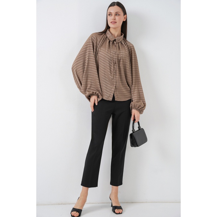 Kadın Yarasa Kol Oversize Gömlek 20368 - Sütlü Kahve