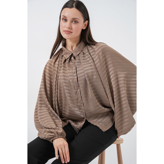 Kadın Yarasa Kol Oversize Gömlek 20368 - Sütlü Kahve