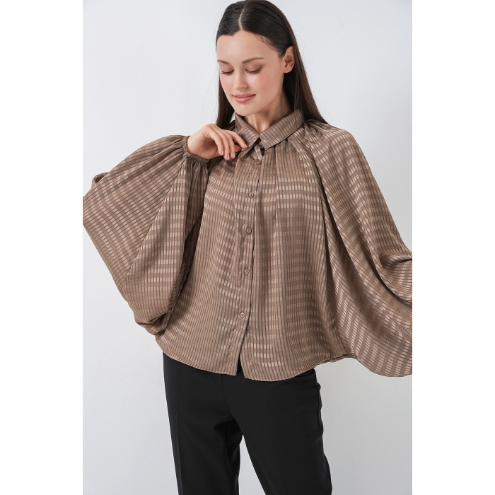 Kadın Yarasa Kol Oversize Gömlek 20368 - Sütlü Kahve