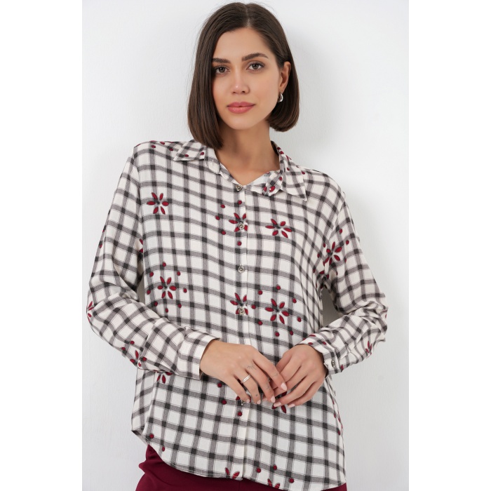 Kadın Desenli Oversize Viskon Gömlek 20371 - Siyah