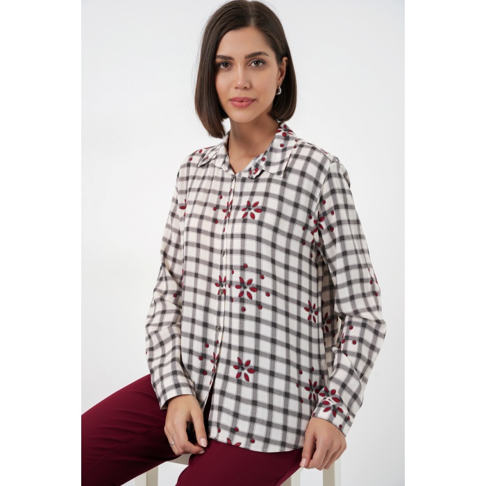 Kadın Desenli Oversize Viskon Gömlek 20371 - Siyah