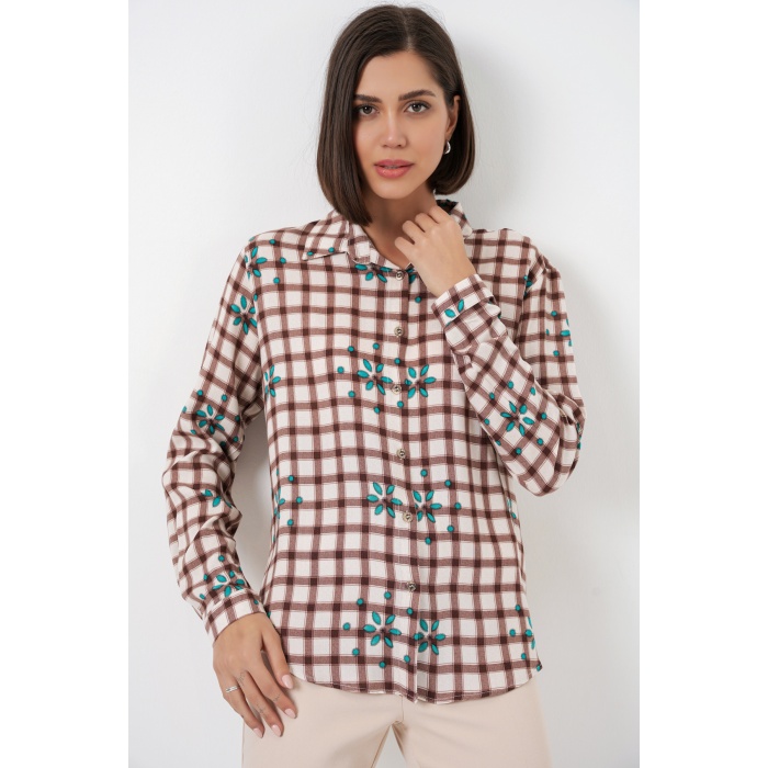 Kadın Desenli Oversize Viskon Gömlek 20371 - Kahverengi