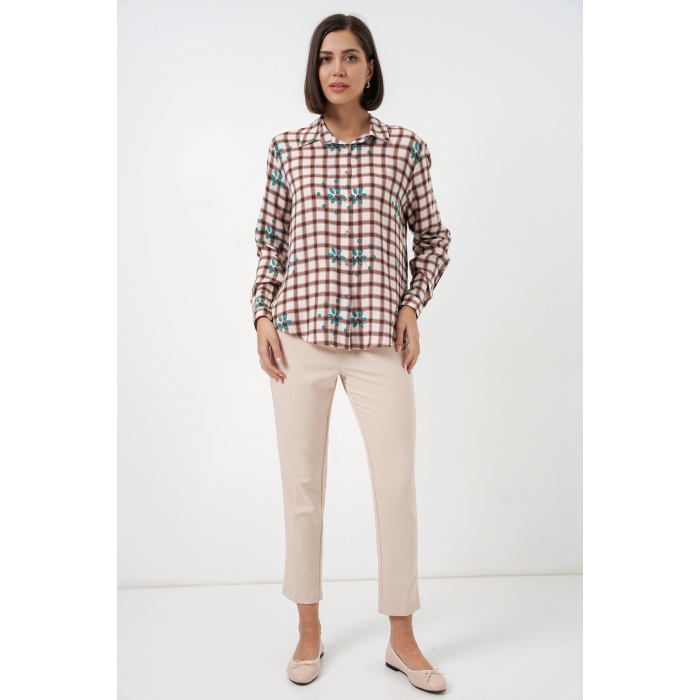 Kadın Desenli Oversize Viskon Gömlek 20371 - Kahverengi