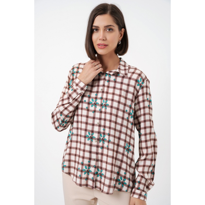 Kadın Desenli Oversize Viskon Gömlek 20371 - Kahverengi