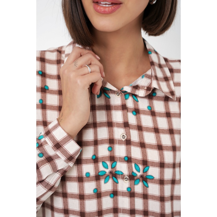 Kadın Desenli Oversize Viskon Gömlek 20371 - Kahverengi