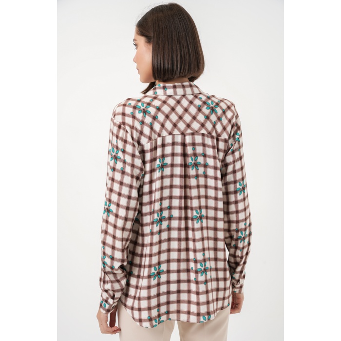 Kadın Desenli Oversize Viskon Gömlek 20371 - Kahverengi