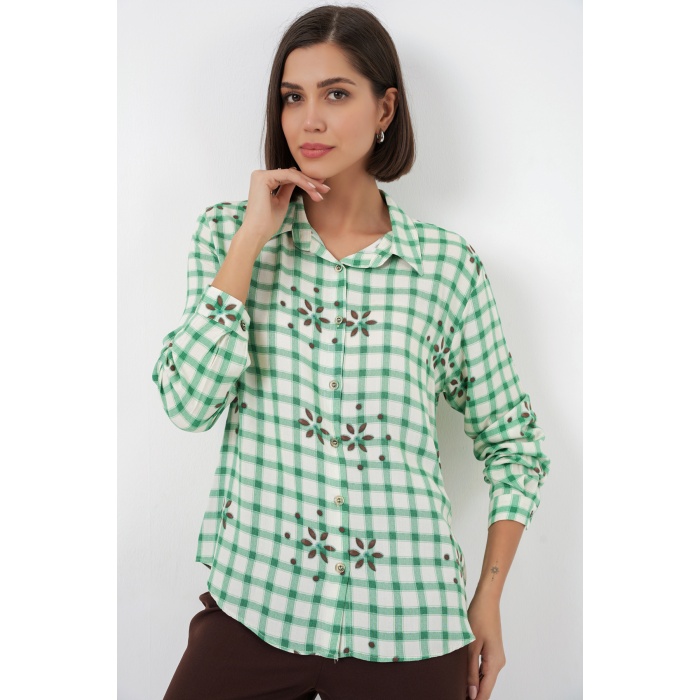 Kadın Desenli Oversize Viskon Gömlek 20371 - Yeşil