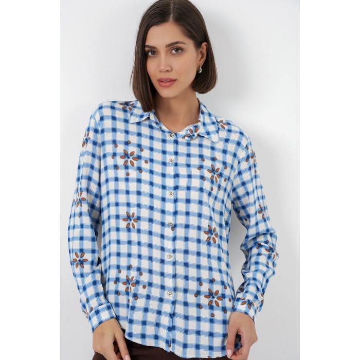 Kadın Desenli Oversize Viskon Gömlek 20371 - Mavi