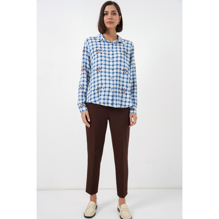 Kadın Desenli Oversize Viskon Gömlek 20371 - Mavi