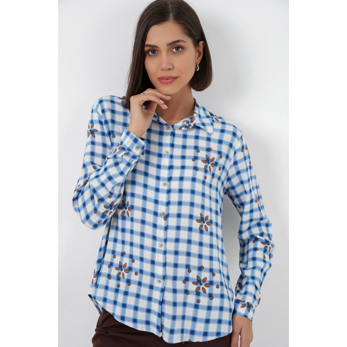 Kadın Desenli Oversize Viskon Gömlek 20371 - Mavi