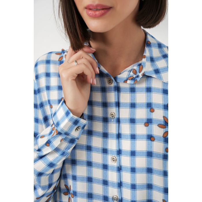 Kadın Desenli Oversize Viskon Gömlek 20371 - Mavi