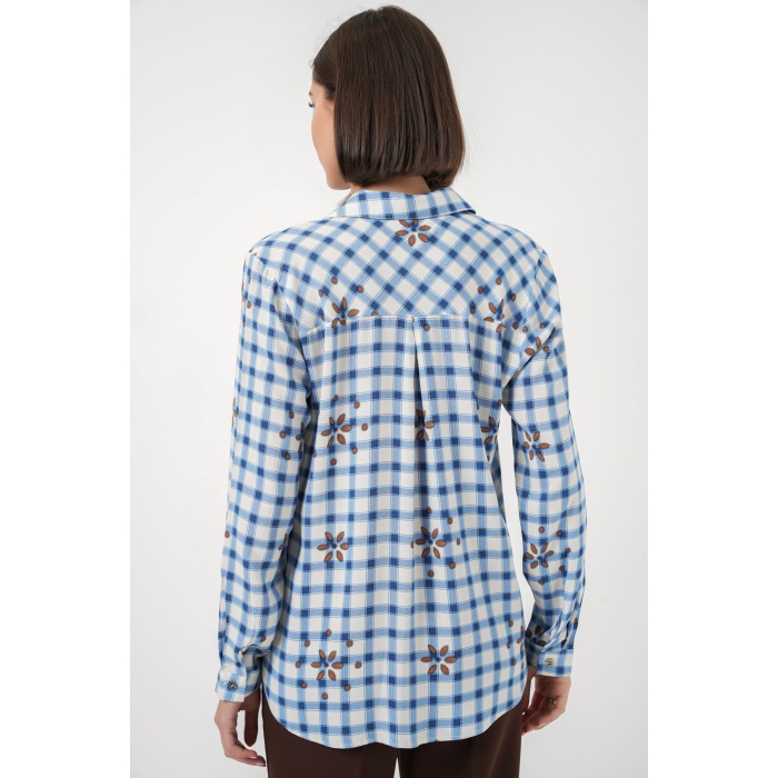 Kadın Desenli Oversize Viskon Gömlek 20371 - Mavi