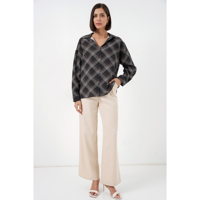 Kadın Oversize Desenli Gömlek 20372 - Siyah