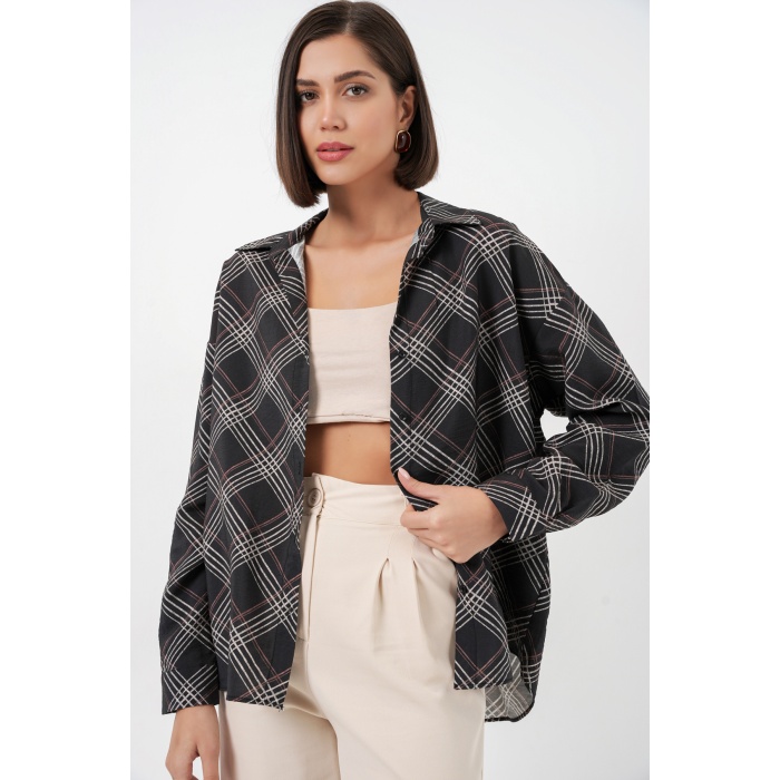 Kadın Oversize Desenli Gömlek 20372 - Siyah