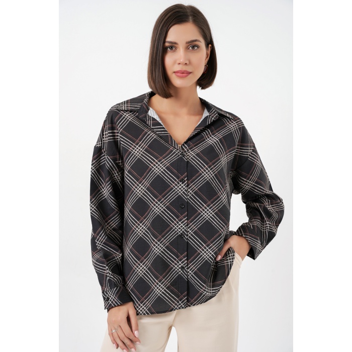 Kadın Oversize Desenli Gömlek 20372 - Siyah