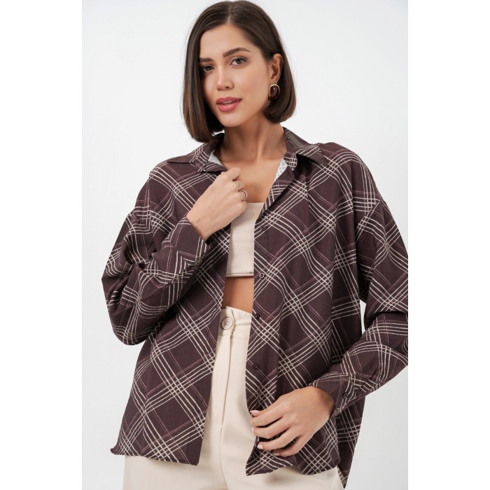 Kadın Oversize Desenli Gömlek 20372 - Kahverengi