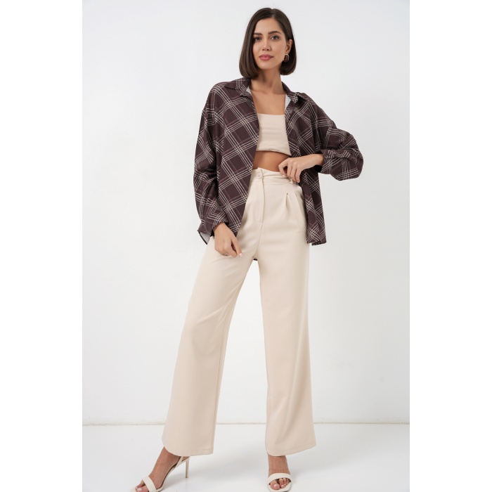 Kadın Oversize Desenli Gömlek 20372 - Kahverengi