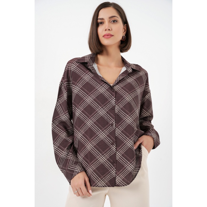 Kadın Oversize Desenli Gömlek 20372 - Kahverengi