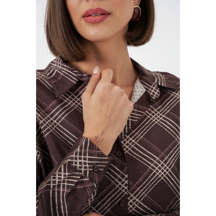 Kadın Oversize Desenli Gömlek 20372 - Kahverengi