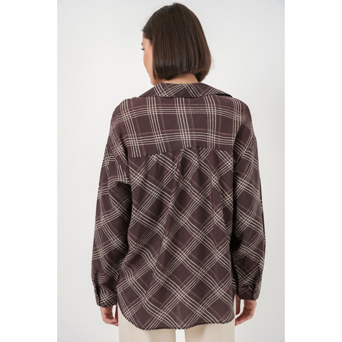 Kadın Oversize Desenli Gömlek 20372 - Kahverengi