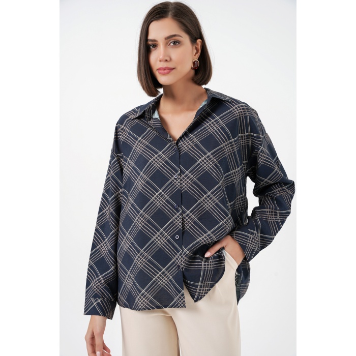 Kadın Oversize Desenli Gömlek 20372 - Lacivert