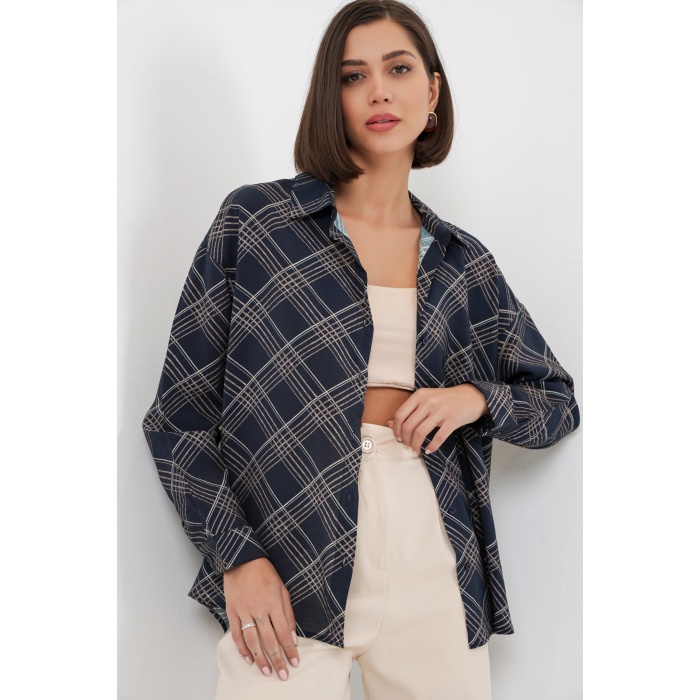 Kadın Oversize Desenli Gömlek 20372 - Lacivert