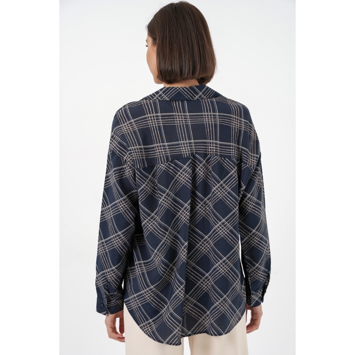 Kadın Oversize Desenli Gömlek 20372 - Lacivert
