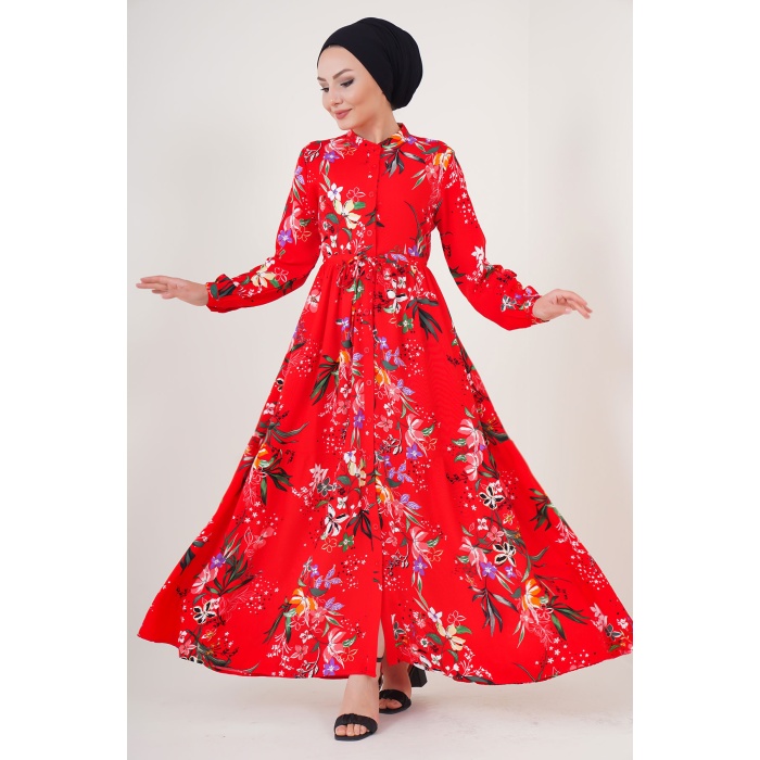 2144 Hakim Yaka Tesettür Elbise - A.Kırmızı