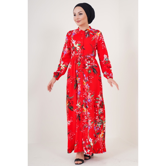 2144 Hakim Yaka Tesettür Elbise - A.Kırmızı