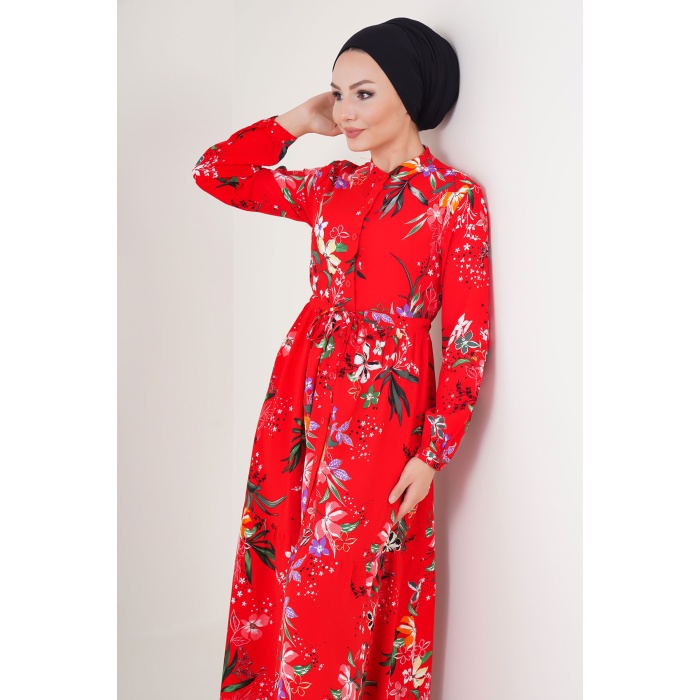2144 Hakim Yaka Tesettür Elbise - A.Kırmızı